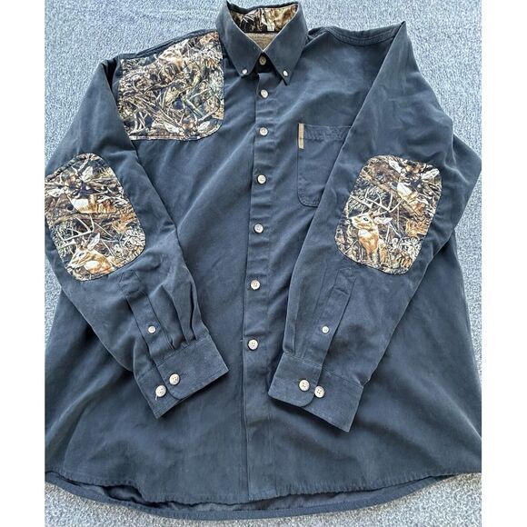 Clearwater Hunting Shirt‎ Mens Large Black Camo Patches Button Down Long Sleeve - Picture 1 of 13
